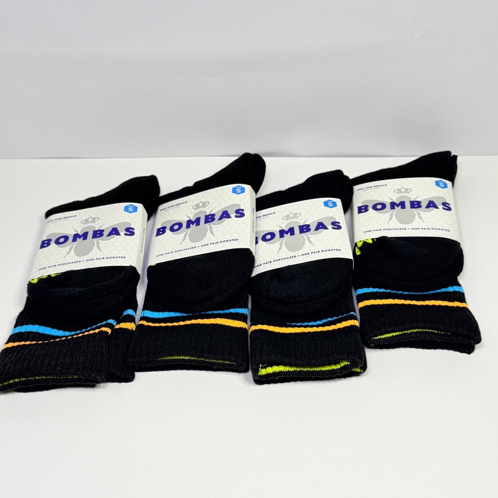 Bombas Kids Small 4 Pair Pack Black Crew Socks Blue Orange Lime Stripe New‎